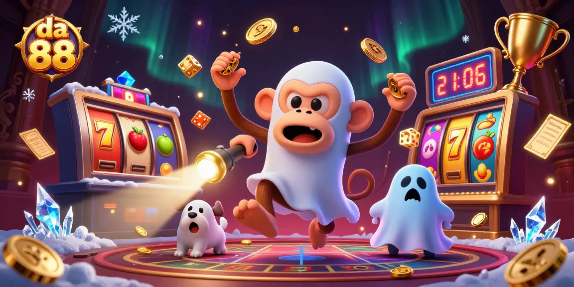 Experience the excitement of da 88 with a mischievous monkey juggling golden casino elements in a haunted setting.