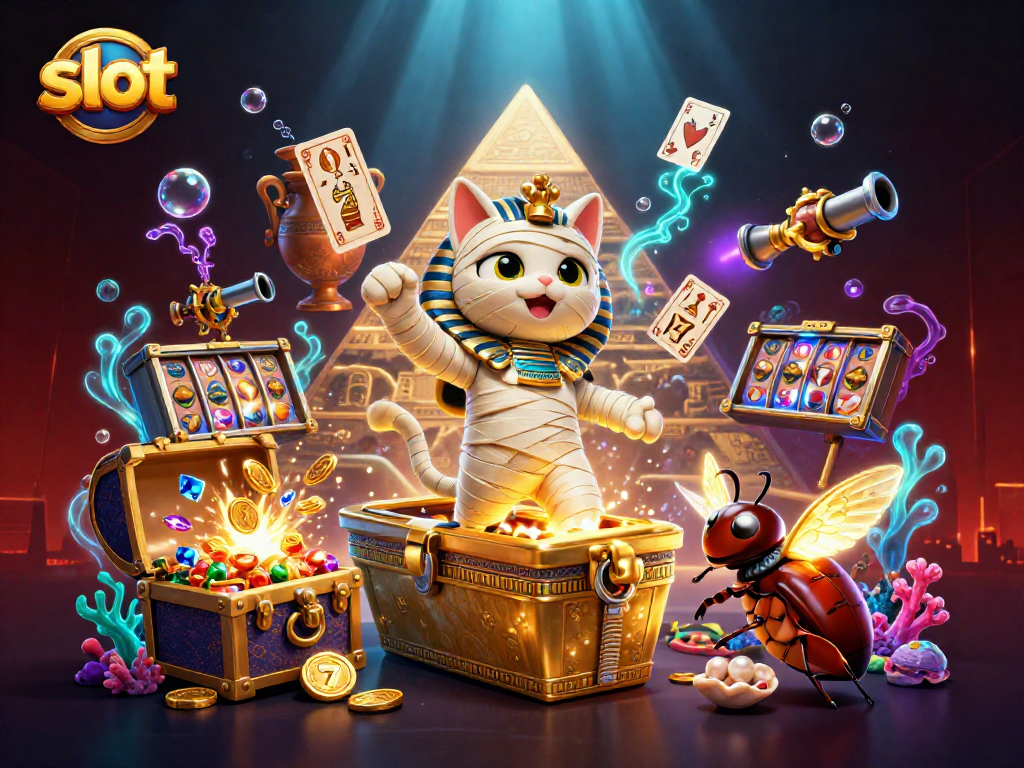 Spin the slot reels with the thrilling Egyptian mummy cat and treasure galore in this vibrant illustration.