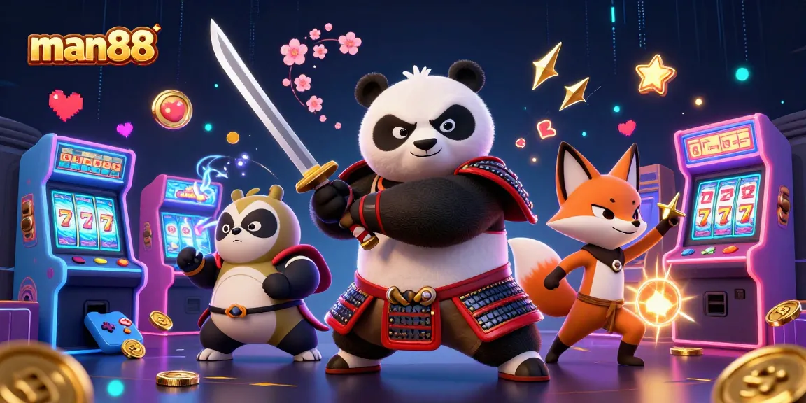 Engage with the vibrant man88 scene featuring a samurai panda and ninja fox amidst thrilling casino elements.