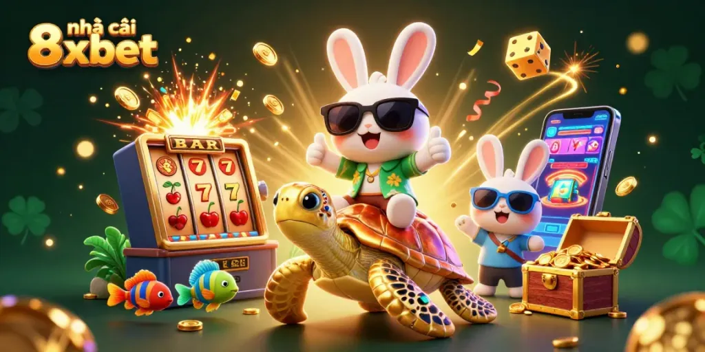 Experience vibrant jackpots with nhà cái 8xbet's exciting casino games featuring a lucky rabbit and golden sea turtle.