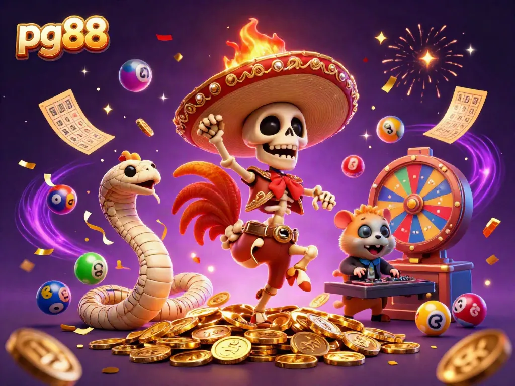 Engaging pg88 casino image featuring colorful elements like bingo cards and lottery balls with a lively rooster and mummy snake.