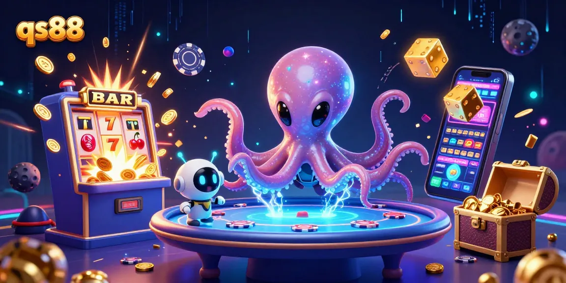 Engage with the thrilling qs88 gameplay featuring an octopus dealer at a holographic poker table amidst vibrant casino elements.