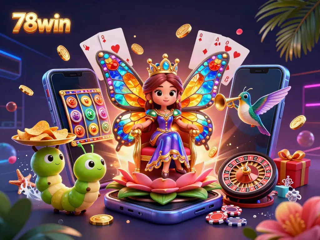 Experience thrilling slots action with the vibrant 78win butterfly queen in an exciting, colorful casino scene.