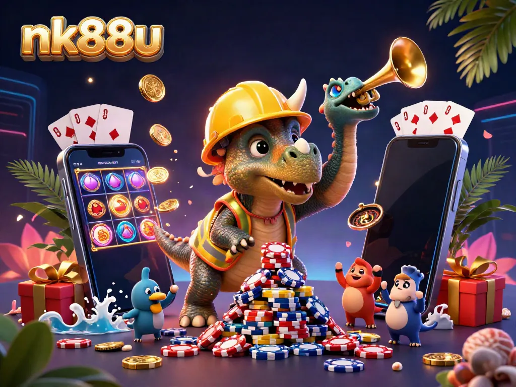 Engage with thrilling nk88u slots as a triceratops celebrates while stacking poker chips.
