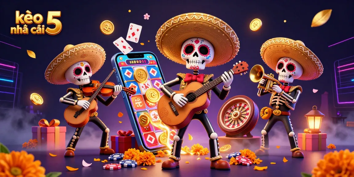 Experience kèo nhà cái 5 with a vivid 3D mariachi casino scene adorned with vibrant casino elements.