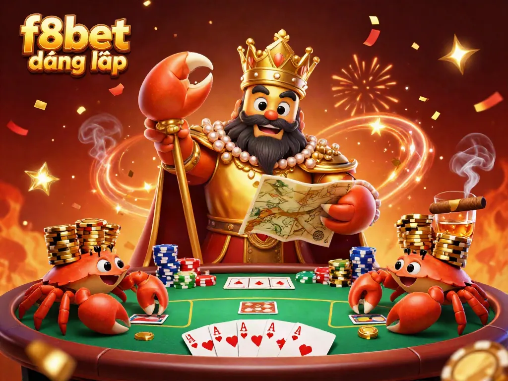 Join the excitement at f8bet đăng nhập with a vibrant poker scene showcasing a golden crab emperor and dynamic game elements.