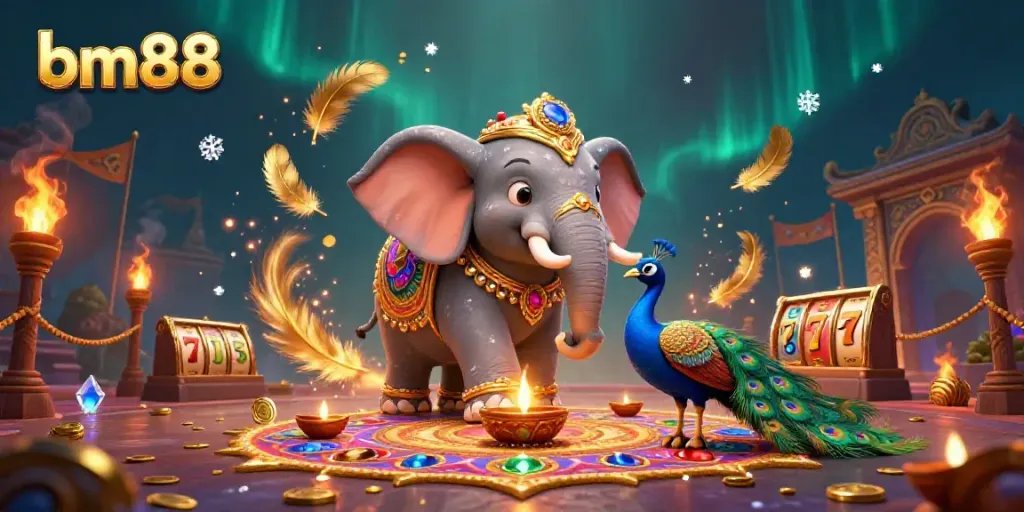Engage in the vibrant BM88 casino experience with festive visuals of an elephant and peacock alongside game elements.