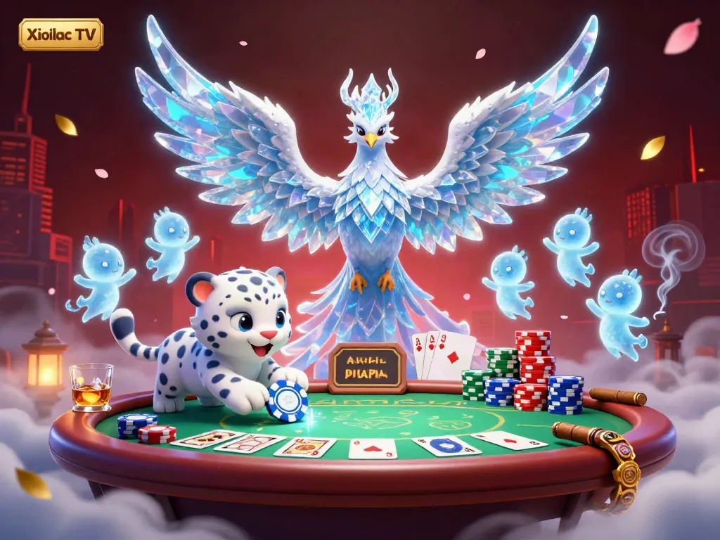 Xoilac TV showcases thrilling poker elements in a vibrant 3D cartoon scene with mystical characters.