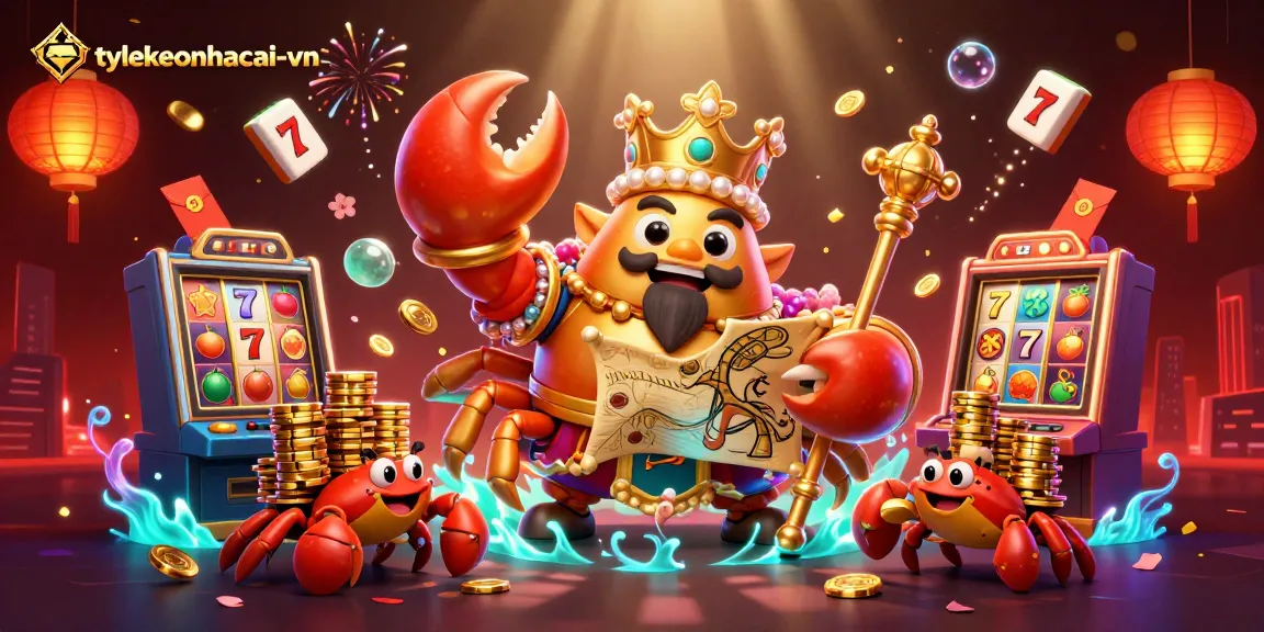 Engage with tylekeonhacai-vn's vibrant gaming scene, featuring a majestic crab emperor in a rich casino environment.
