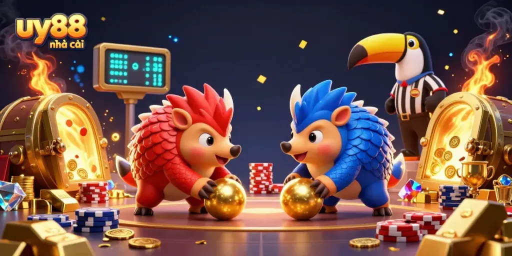 Join the playful rivalry at uy88 nhà cái as colorful pangolins bowl through poker chips amidst gold and treasure.