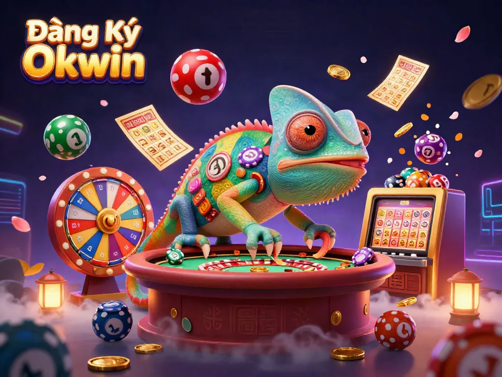 Experience thrilling gaming at Đăng Ký Okwin with colorful lottery balls and dynamic scenes filled with excitement.
