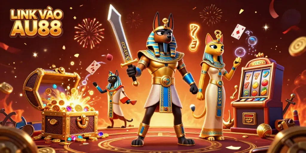 Experience the excitement with LINK VÀO AU88 as Anubis and Bastet embrace the allure of slot gaming.