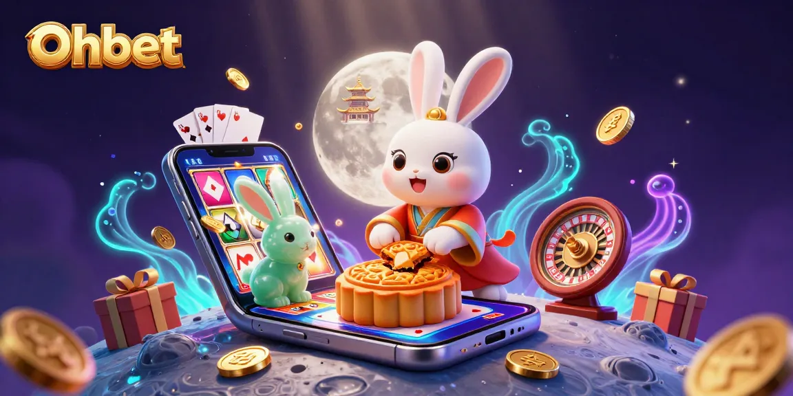 Oxbet showcases a lively scene of a moon rabbit and casino elements, blending folklore and gaming.