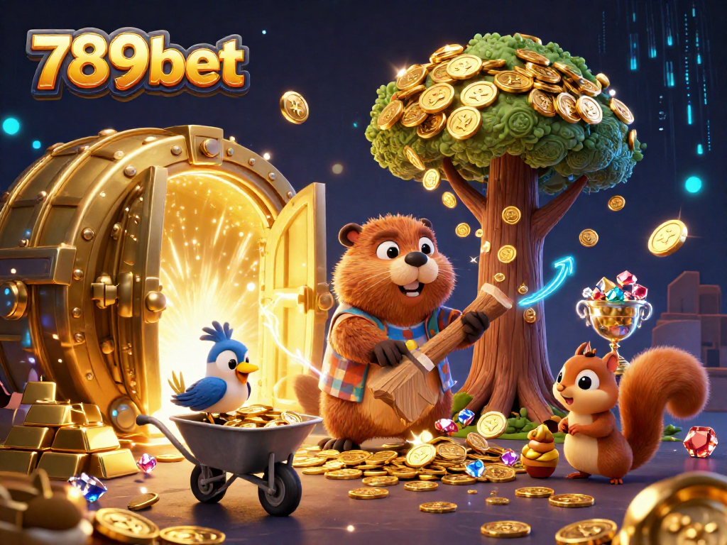 Experience the excitement of 789bet as a cartoon beaver collects golden coins in a vibrant casino scene.