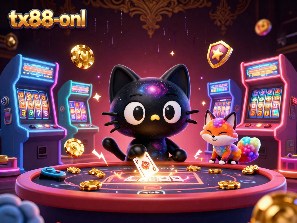 Engage with tx88-onl's cosmic casino experience featuring a black hole cat and colorful elements.