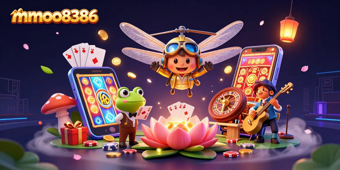 mmoo8386 engages players at a lily pad casino with vibrant scenes of card dealing and slot games