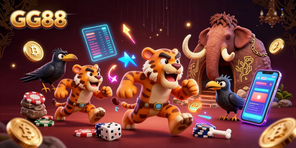 Experience GG88's vibrant casino scene featuring neon coins, a sabertooth duo, and a clever crow.
