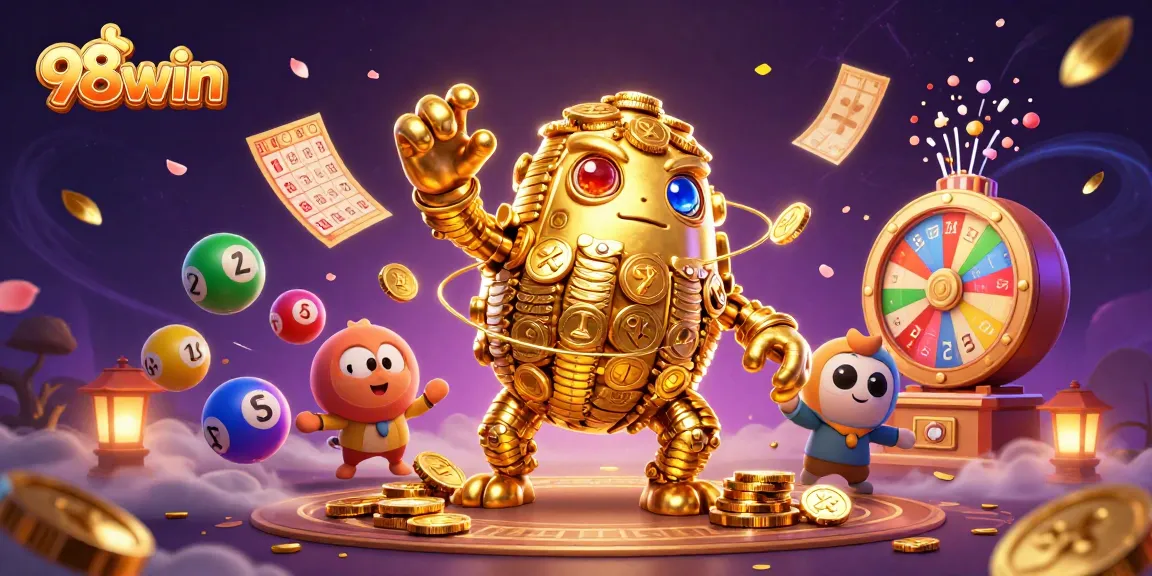 A vibrant illustration showcasing a golden golem symbolizing 98win amidst lottery elements and dynamic action.