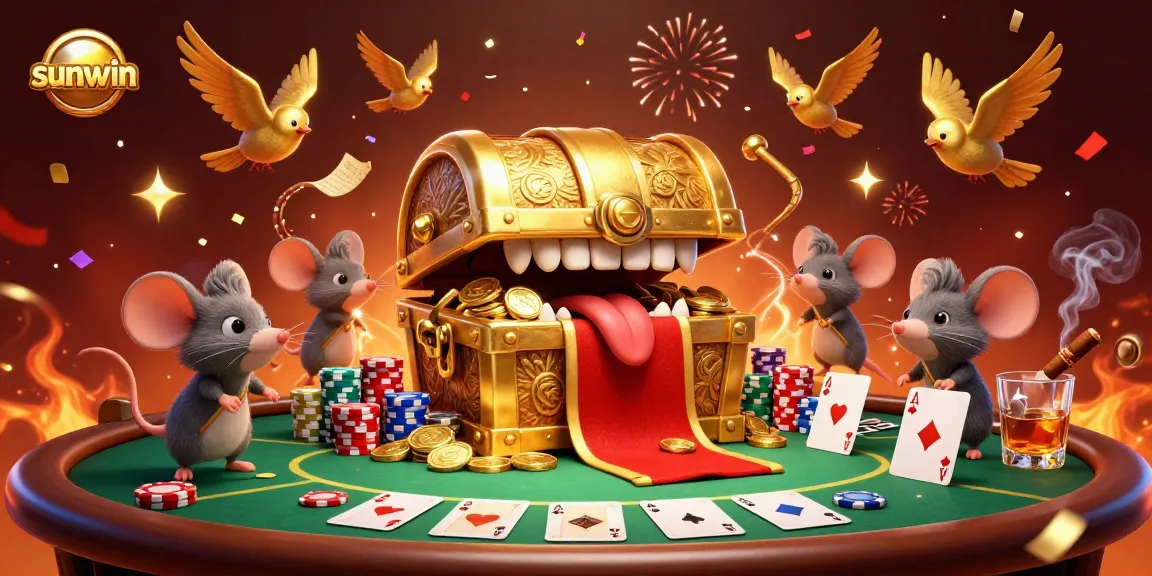Experience the thrill of sunwin as adventurer mice chase treasure amidst poker action and vibrant casino elements.