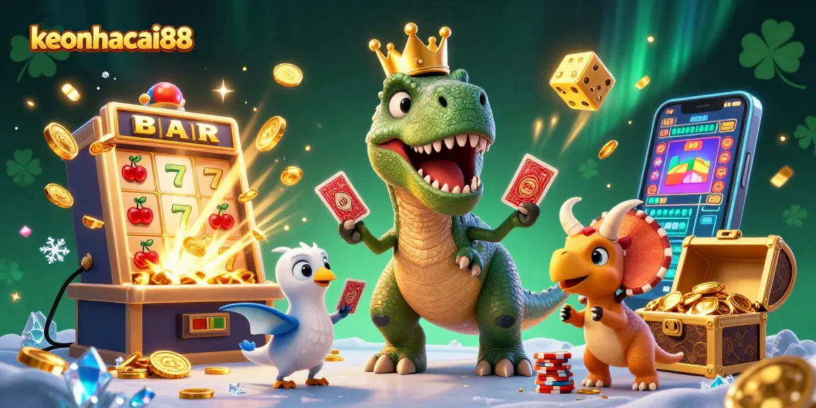 Experience keonhacai88 with friendly dinosaur characters shuffling cards and stacking chips at a vibrant casino scene.