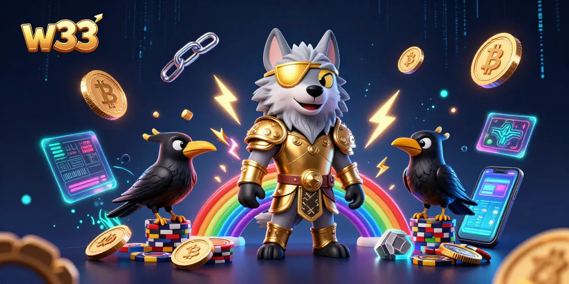Engage with w33's exciting gaming experience featuring casino chips and neon elements in a vibrant 3D scene.