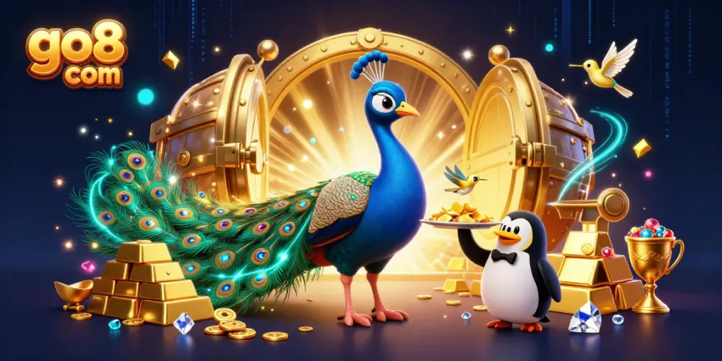 Spin the reels at go8 com with vibrant characters and riches in this casino-themed illustration.