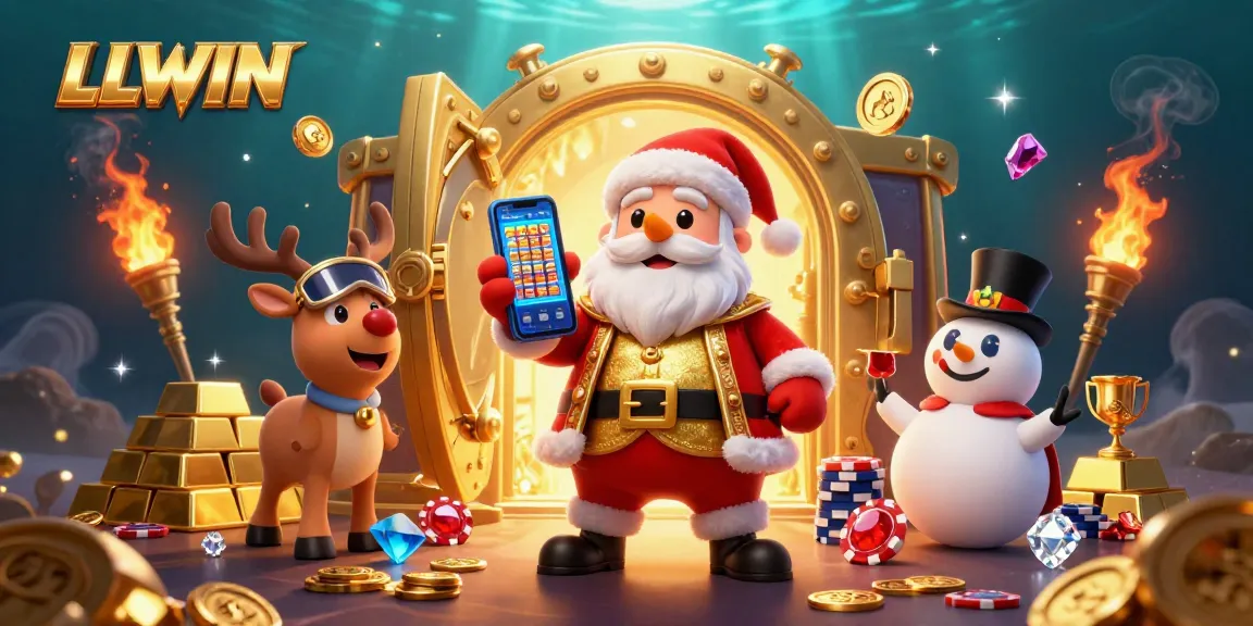 LLWIN offers a vibrant casino experience with Santa Claus, his reindeer, and a snowman enjoying jackpot slots.