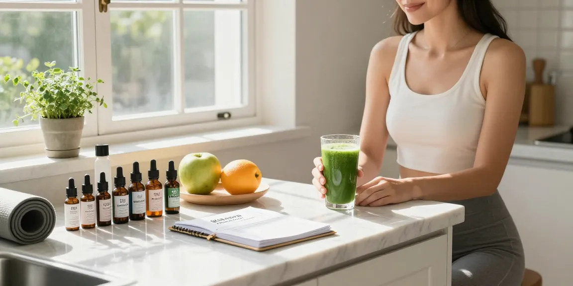 THC vape juice displayed in a bright kitchen alongside organic wellness products, emphasizing a natural health routine.