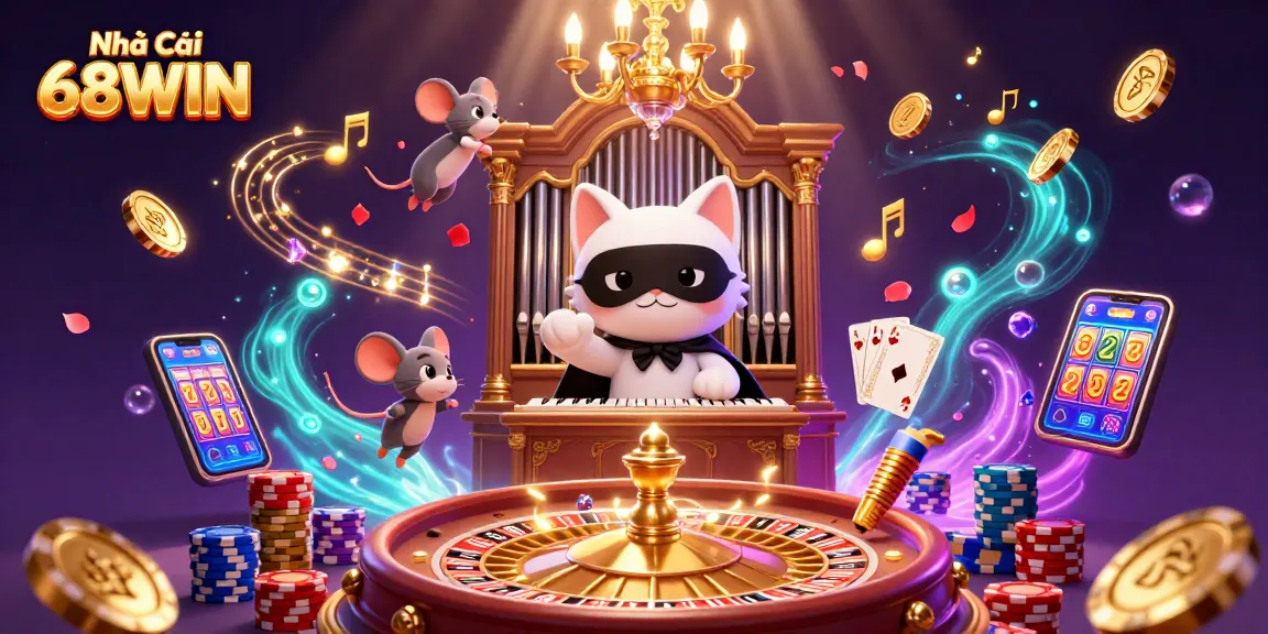 Experience the excitement at Nhà Cái 68WIN with a dynamic casino scene featuring enchanting characters and vibrant game elements.