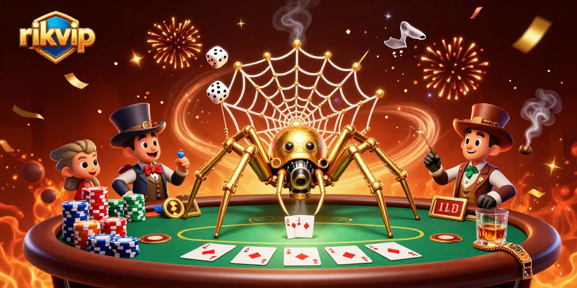 Engage with the exciting world of rikvip as a steampunk spider captures unlucky dice in a vibrant casino scene.