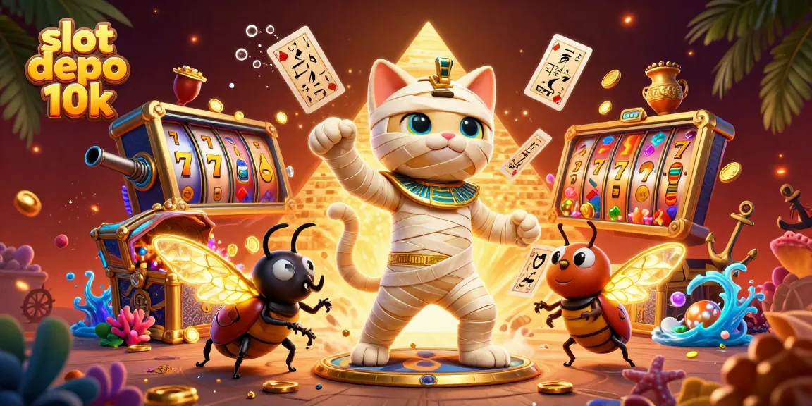 Experience the thrill of slot depo 10k with vibrant characters, gold coins, and animated slot reels.