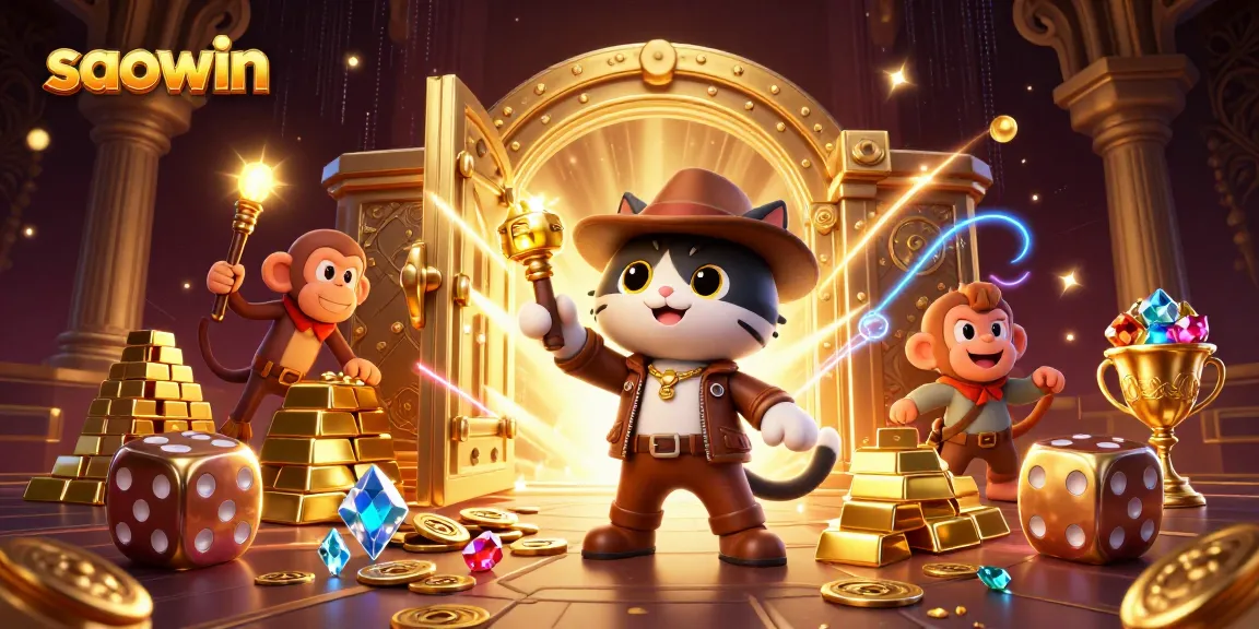 Experience thrilling gameplay at saowin with archaeologist cat discovering treasures in a vibrant casino scene.