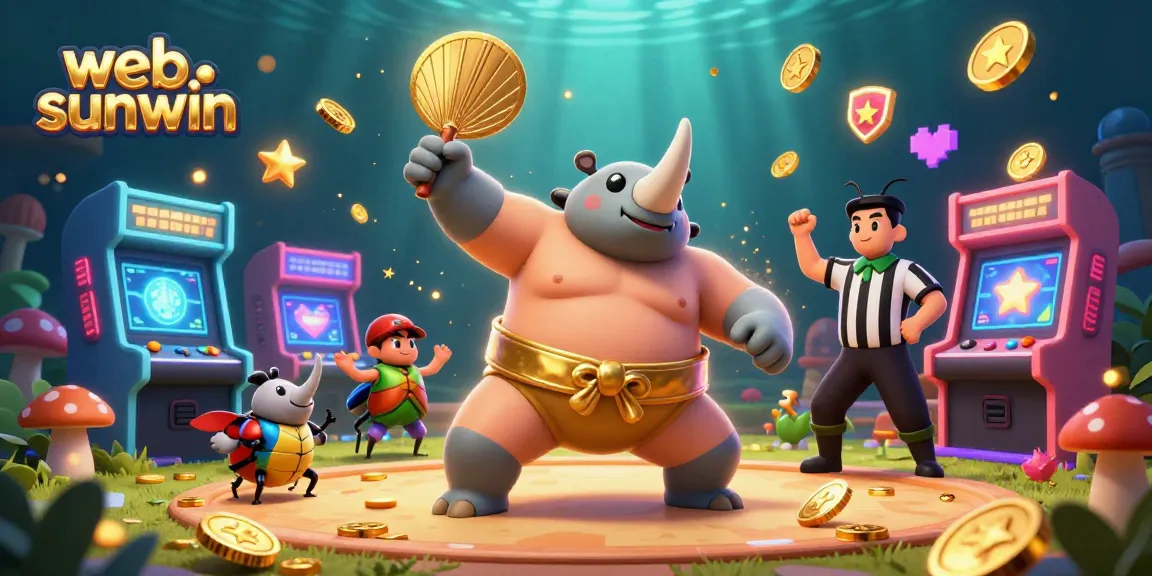 Experience exhilarating gameplay at web sunwin with a vibrant scene featuring a sumo champion beetle amidst golden coins and colorful arcade machines.