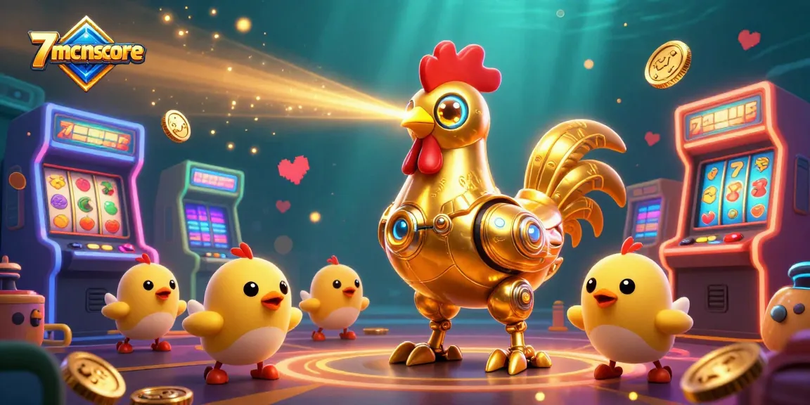 Engage with the thrilling laser-etched world of 7mcnscore, showcasing a golden rooster robot and baby chick drones in a dynamic casino atmosphere.