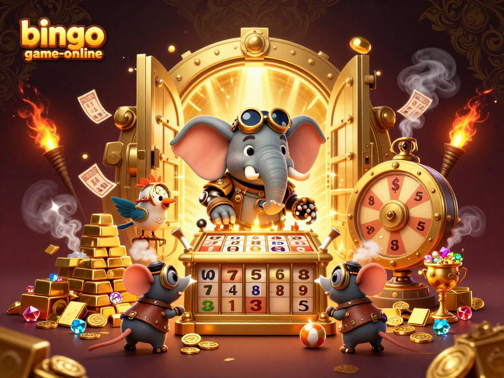 Bingo-game-online jackpot bingo scene featuring an elephant engineer and treasure elements