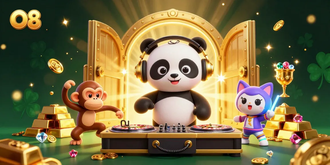Spin the reels with O8 in a vibrant casino-themed 3D illustration featuring playful characters and treasure elements.