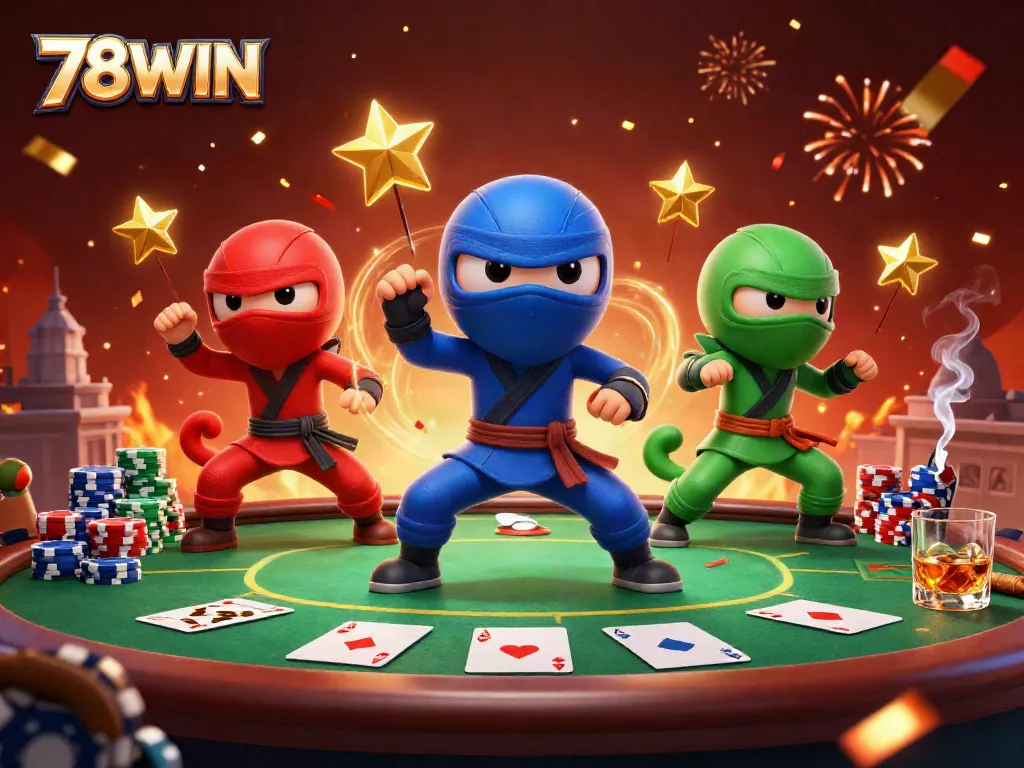 Engage with 78WIN as three ninja chameleons unleash vibrant energy at a poker-themed rooftop showdown.