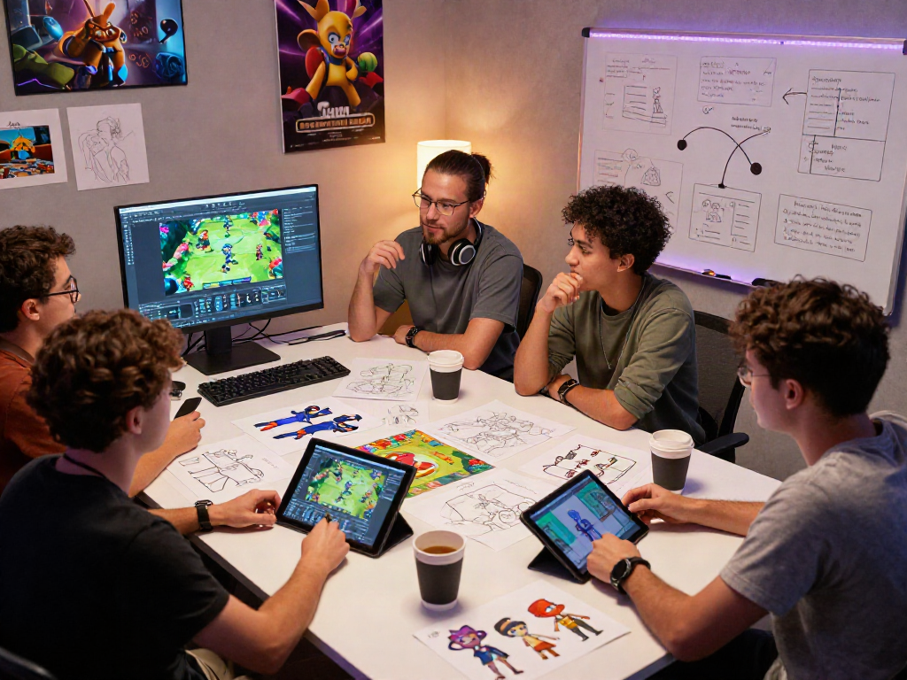 Diverse designers collaborating on an engaging adult game project in a cozy studio, showcasing creative atmosphere.