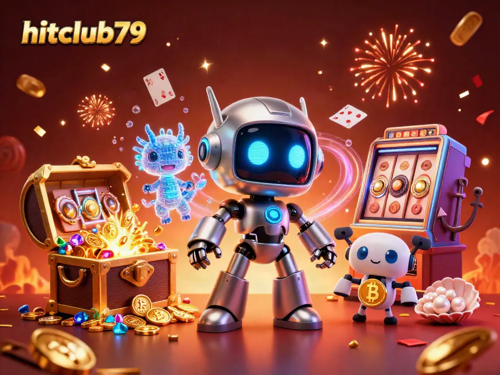 Experience winning excitement at hitclub79 with a dynamic 3D casino illustration featuring vibrant characters and game elements.