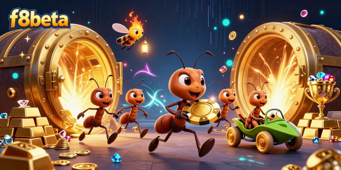 Engage in the vibrant heist with f8beta as ants steal a massive poker chip amidst treasures.