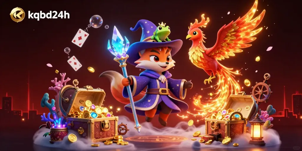 Experience the magic of kqbd24h with a wizard fox, fiery phoenix, and crown-wearing frog surrounded by treasure in a vibrant 3D illustration.