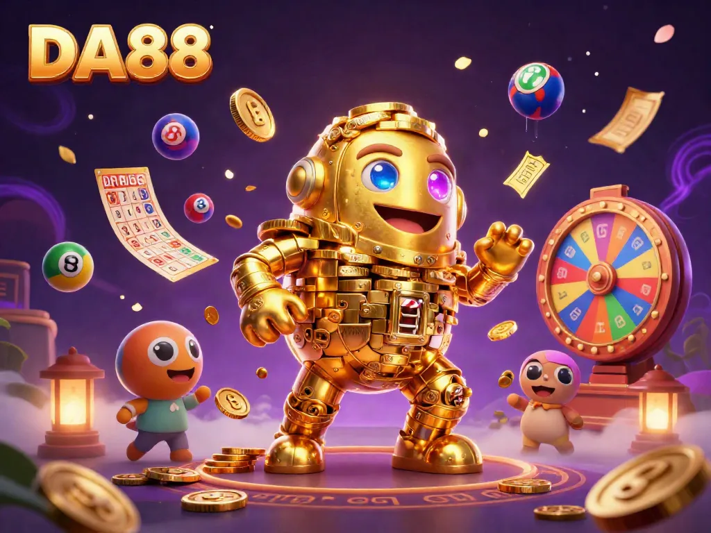 Engage in thrilling DA88 gameplay with an ancient golden golem surrounded by colorful lottery elements.