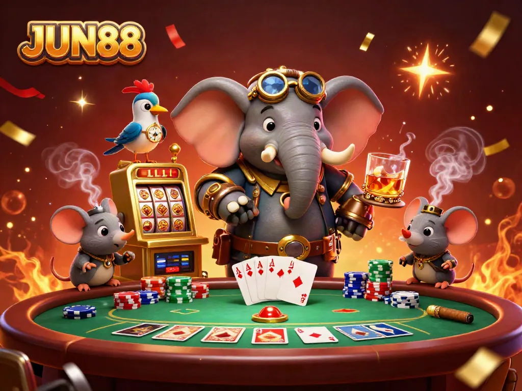 Experience the thrilling world of gambling with JUN88, featuring vibrant casino characters and dynamic game elements.