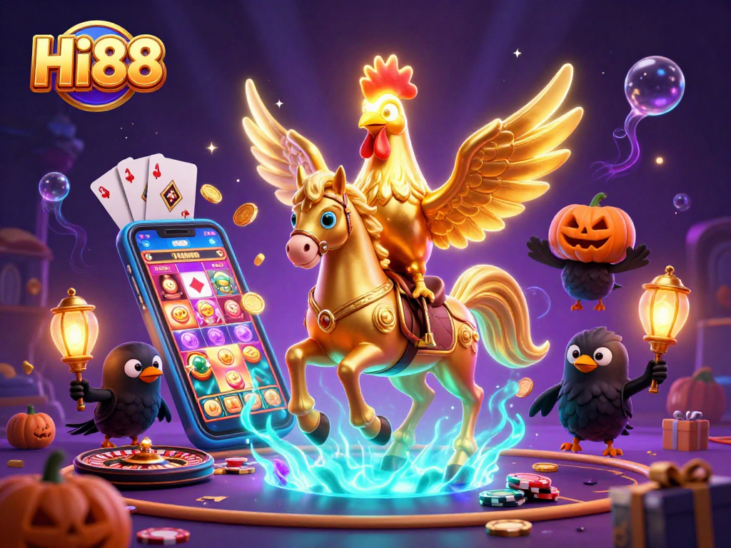 Experience the thrilling Hi88 casino adventure with our golden rooster and spectral horse illustration.