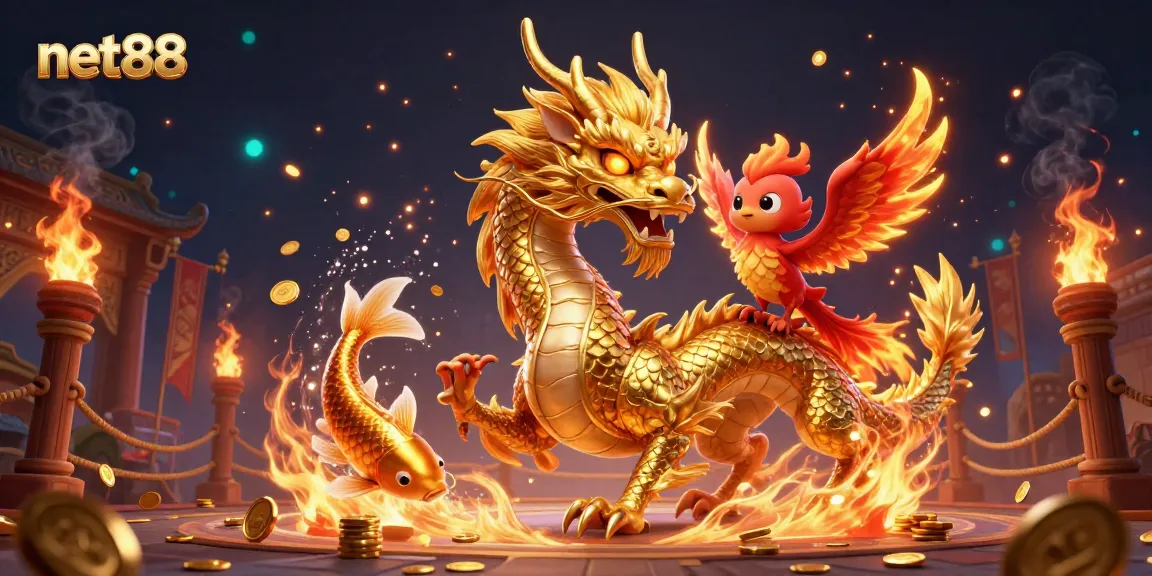Experience the thrill of net88 gaming with a dynamic scene featuring a fierce dragon, phoenix, and koi fish.