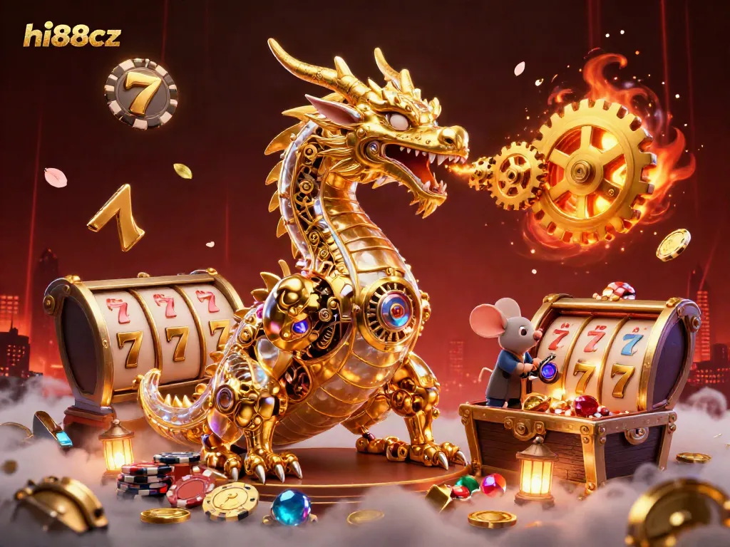 Experience the thrilling world of hi88cz with a golden dragon unleashing treasures and casino fun.