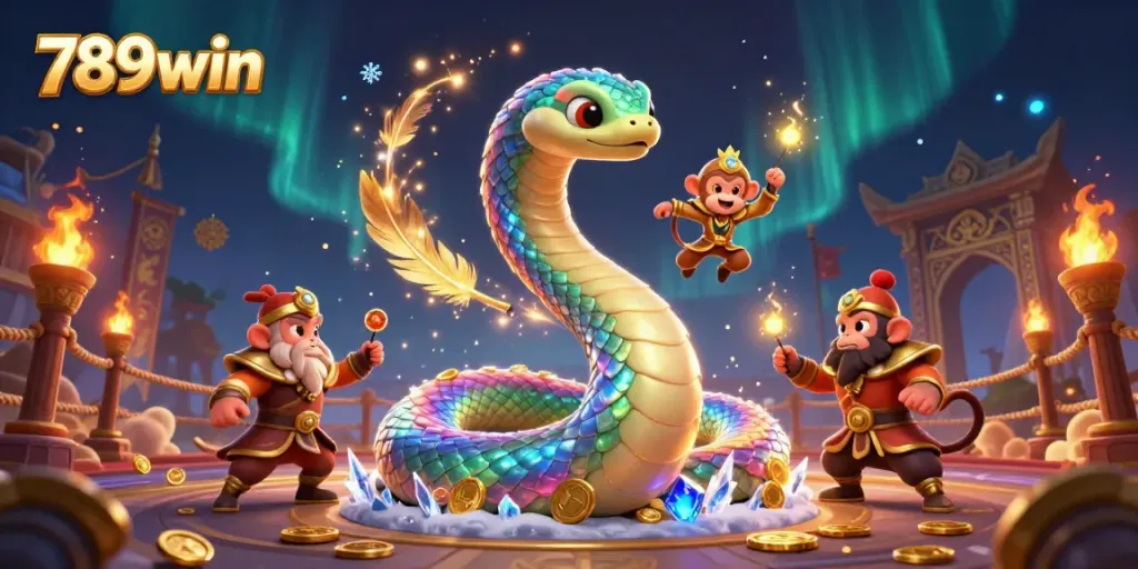 Experience vibrant gaming action with 789win's colorful serpent and monkey king in a captivating casino scene.