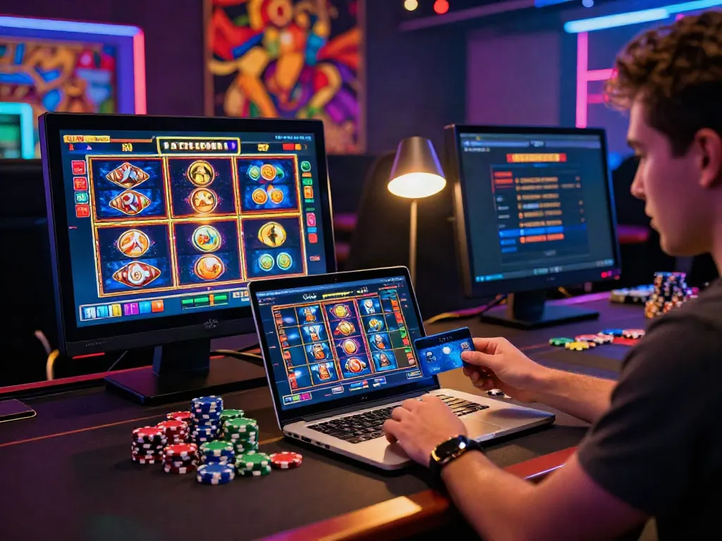 Player enjoying credit card slots on a gaming laptop with chips and vibrant lighting in a casino setting.