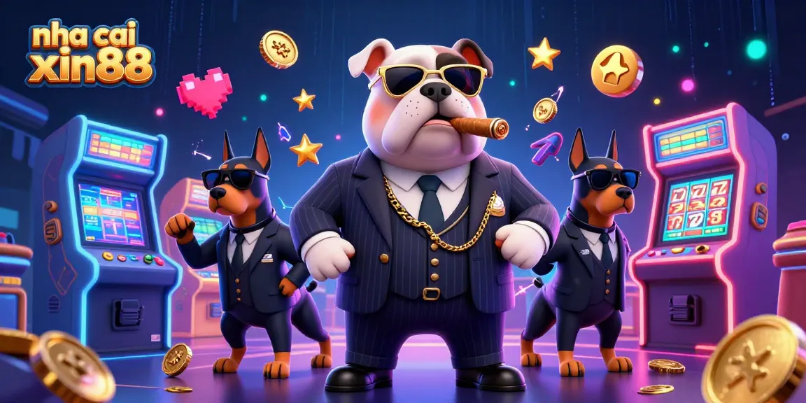 Win big with nha cai xin88 in this vibrant 3D casino scene featuring a bulldog boss and his Doberman bodyguards.