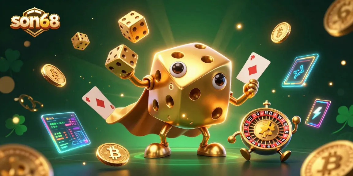 Experience exciting gameplay with son68 and a lively golden dice golem juggling in a vibrant casino scene.